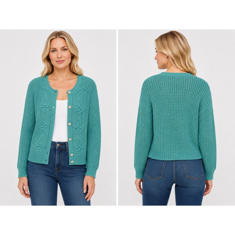 Green Cardigan Sweater Medium Cotton Chunky Knit Coastal Cottage Pointelle Chic